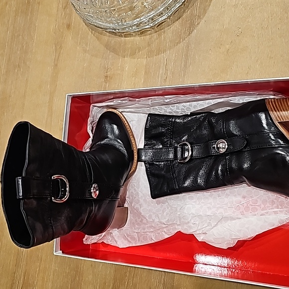 Coach women 8B Sandy Midcalf Black heeled leather boots made in Italy - Picture 1 of 6